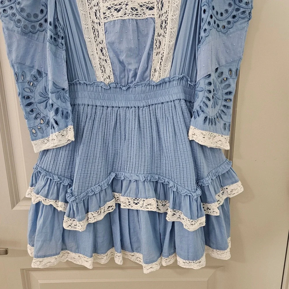 LoveShackFancy Light Blue and White Eyelet Lace Mini Dress - Picture 3 of 11